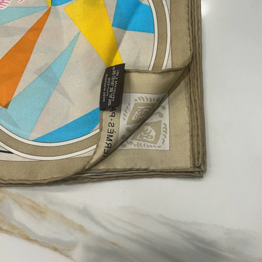 Hermes Multicolor Geometric Silk Scarf with Blue and Yellow Accents - Picture 3 of 3